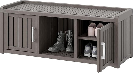 NUNU LAB Shoe Storage Cabinet, Waterproof Shoe Organizer with Adjustable Shelves, UV-Resistant Entryway Shoe Cabinet Bench with 2 Barn Doors for Indoor Outdoor, Foyer, Hallway, Living Room,Grey