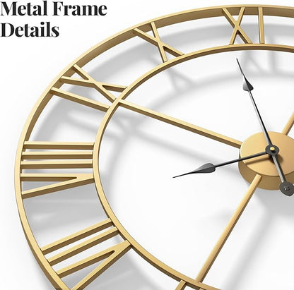 Wall Clock Large Gold Clocks 20 Inch, Silent Non-Ticking Battery-Operated Modern Metal Round Wall Clock Decorative for Living Room, Kitchen, Mantel - Roman Numerals