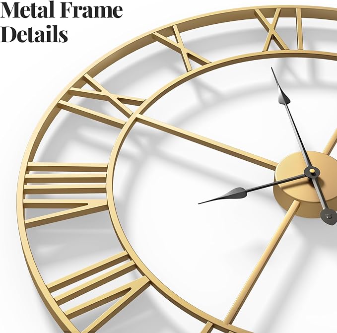 Gold 30 Inch Extra Large Wall Clock for Living Room Kitchen Mantel, Battery-Operated Metal Roman Number Round Decorative Big Clock for Bedroom, Silent Non-Ticking