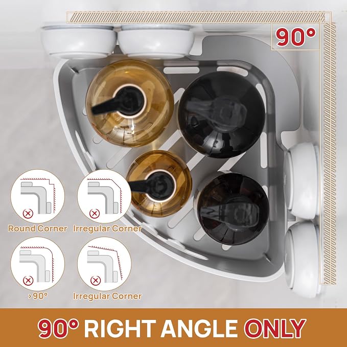 LEVERLOC Corner Shower Caddy Suction Cup, shower shelves suction cup, 2 Pack Basket Powerful Bathroom, Waterproof & Oil-proof Organizer for Kitchen, No-Drilling Removable