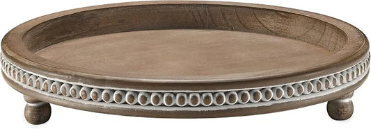 Handmade 12 Inch Decorative Tray, Small Beaded Tray Coffee Table Decor, Warm Brown Round Wooden Tray for Coffee Table, Dining Room Table Entryway and Living Room Table