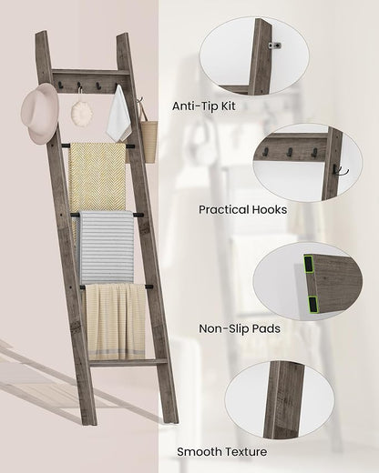 CHOEZON 5-Tier Blanket Ladder, Wooden Blanket Display Rack, Towel Ladder with Hooks, Wall Leaning Display Shelf, for Living Room, Bedroom, Balcony, Greige and Black MCJ02BG