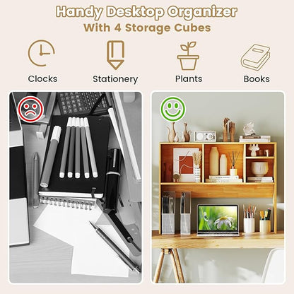LDAILY Desktop Bookshelf, 2-Tier Office Desk Shelf Organizer with 4 Shelves, 37’’L Wood Storage Rack Display Shelf for Computer Desk, Office, Dorm, Bedroom (Burlywood)