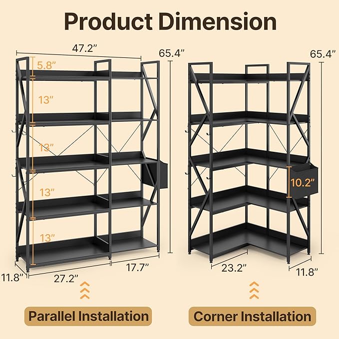 Gizoon 65" H Bookshelf, Reversible Corner Bookshelf, 5 Tier Industrial Bookcase, with 4 Hooks, Metal Frame and Wooden Board, Freestanding Display Shelf for Living Room, Kitchen, Home Office, Black
