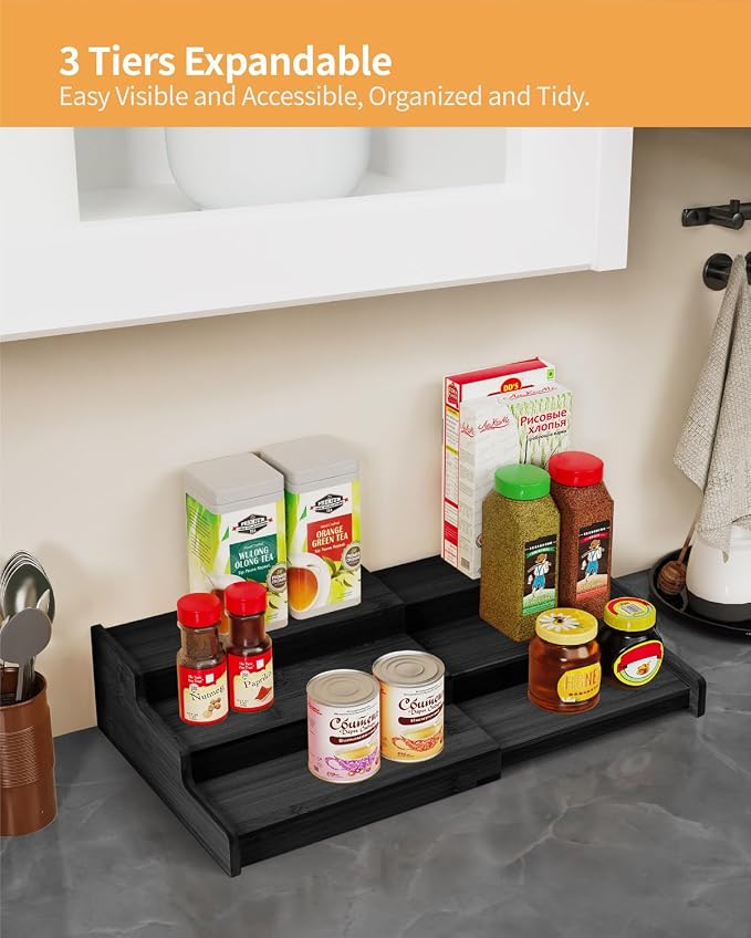 VenDotbi Spice Rack, 3-Tier Expandable Bamboo Spice Rack Organizer for Cabinet, Kitchen, Pantry and Cupboard Storage Organizer-Black(2pack)