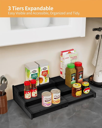 VenDotbi Spice Rack, 3-Tier Expandable Bamboo Spice Rack Organizer for Cabinet - Kitchen, Pantry and Cupboard Storage Organizer-Black