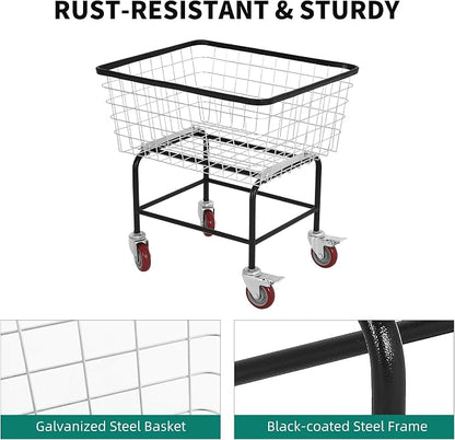 4.5-Bushel Rolling Laundry Cart with Wheels Durable Metal Wire Laundry Basket Heavy-Duty Large Steel Storage Basket with Galvanized Finish, for Commercial or Home Laundry Use