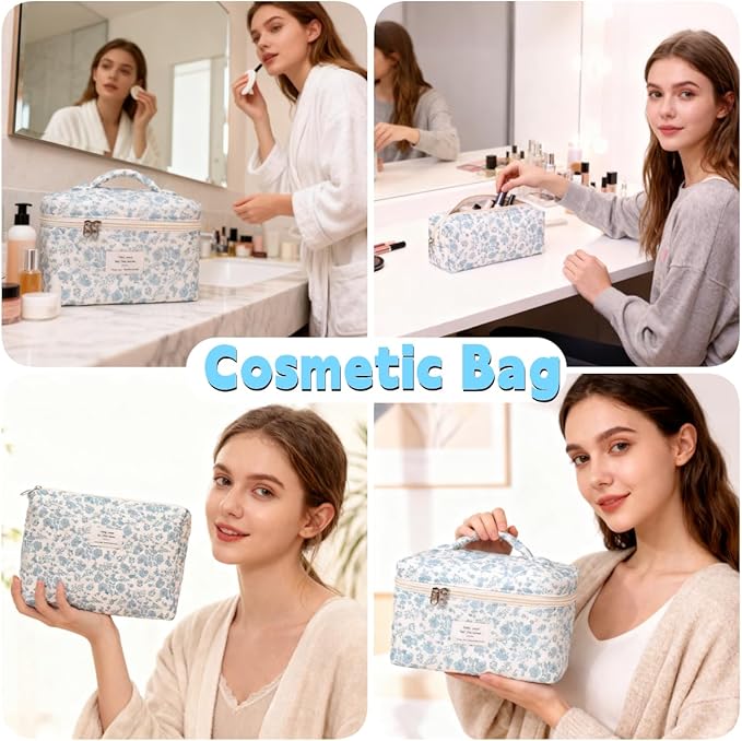 3PCS Makeup Bag,Quilted Cosmetic Bag,Large Floral Makeup Bag for Women,Cute Cotton Cosmetic Bag Set,Travel Toiletry Bag For Women(White blue)