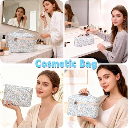 3PCS Makeup Bag,Quilted Cosmetic Bag,Large Floral Makeup Bag for Women,Cute Cotton Cosmetic Bag Set,Travel Toiletry Bag For Women(White blue)