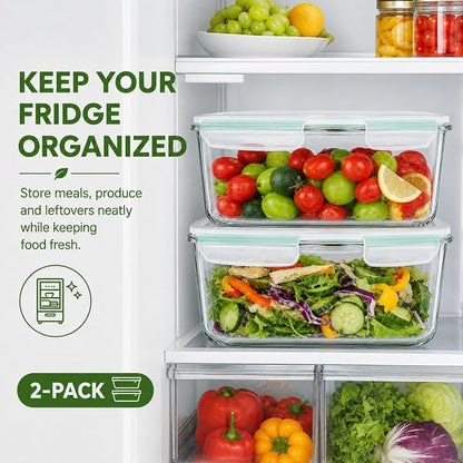 2 Pack Large Glass Storage Containers with Lids 85oz/10.5cup Big Airtight Glass Food Storage Containers for Rotisserie Chicken Watermelon Meal Prep, BPA Free, Freezer Dishwasher Oven Safe