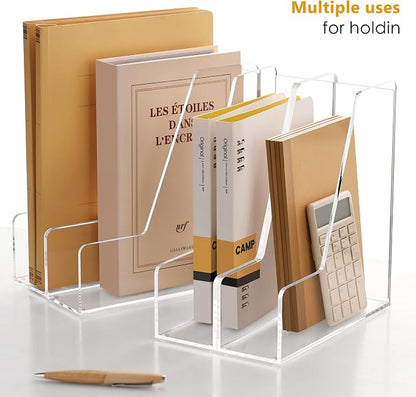 SANRUI 4 Pack Vertical File Holder, Acrylic Desk Organizer Magazine File Sorter for Magazines, Binders, Notebooks, Envelopes, Multi-purpose Clear Document Organizer Rack