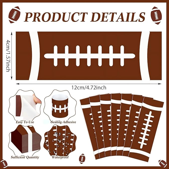 300 Pcs Football Paper Napkin Rings Bulk Disposable Sports Napkin Holder Self Adhesive Brown Silverware Wrap Band for Game Day Birthday Holiday Party Table Setting Decoration