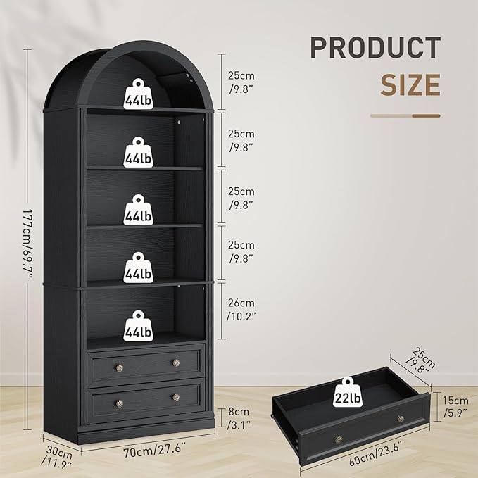 Farmhouse Arched Bookshelf Set of2, 7 Tiers Arch Bookcase with 2 Spacious Drawers, Modern Book Shelf with Open Display Shelves and Storage Cabinet, for Office, Living Room, Kitchen, Black