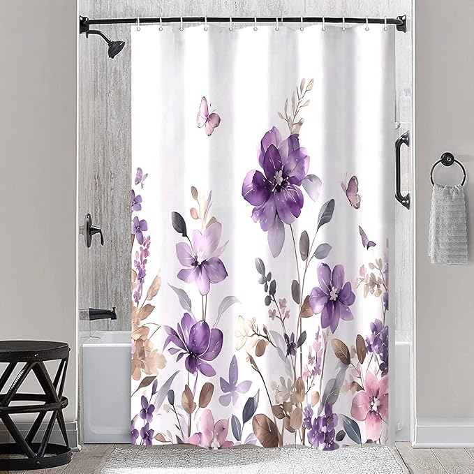Purple Floral Shower Curtain, Purple Lavender Floral Butterfly Boho Shower Curtains for Bathroom, Farmhous Flower Cute Fabric Shower Curtain Set with 12PCS Hooks, 70X70IN