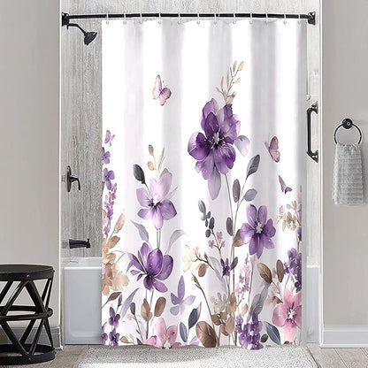 Purple Floral Shower Curtain, Purple Lavender Floral Butterfly Boho Shower Curtains for Bathroom, Farmhous Flower Cute Fabric Shower Curtain Set with 12PCS Hooks, 60X70IN