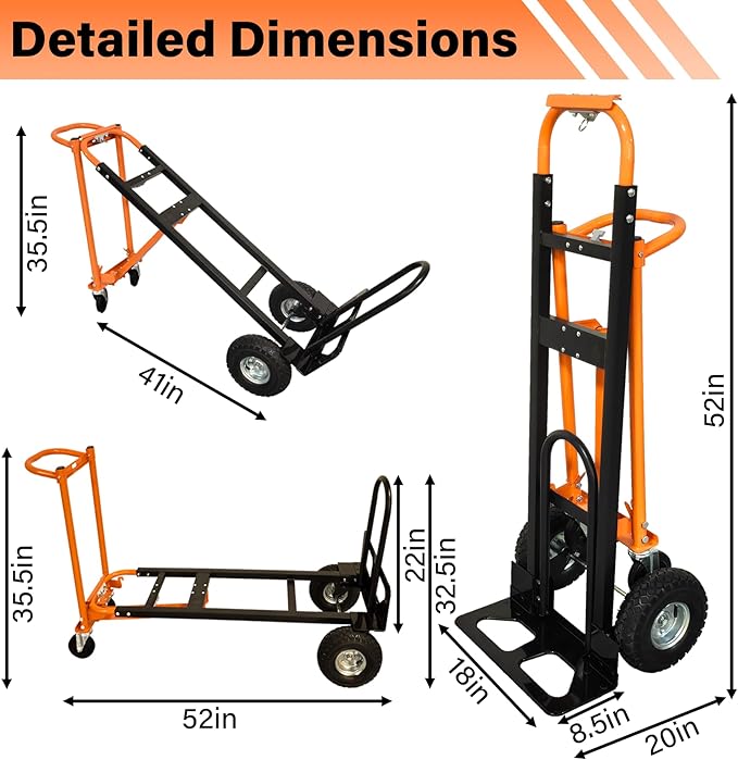 4 in 1 Industrial Convertible Hand Truck, 770 LBS Capacity Heavy Duty Dolly Cart with 4 Wheels, Versatile Folding Trolley with Ergonomic Handles, Platform Cart for Transport, Moving, Warehouse, Home