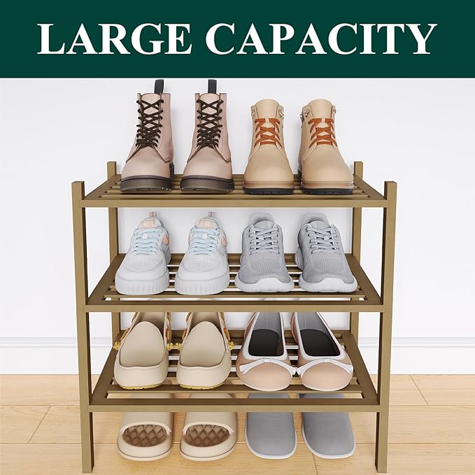 Smiry Small Bamboo Shoe Rack 3-Tier, Stackable Wooden Shoe Organizer for Entryway & Closet, Free Standing Wood Shoe Storage Shelf for Front Door & Small Spaces, Walnut