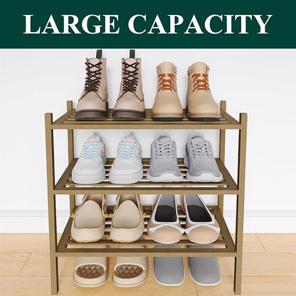 Smiry Small Bamboo Shoe Rack 3-Tier, Stackable Wooden Shoe Organizer for Entryway & Closet, Free Standing Wood Shoe Storage Shelf for Front Door & Small Spaces, Walnut