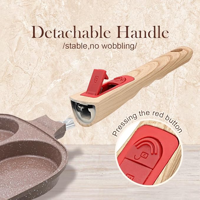 Ceramic Egg Frying Pan, Nonstick 4 Cup Fried Egg Pan with Detachable Handle, Omelette Pan Induction Compatible - Brown