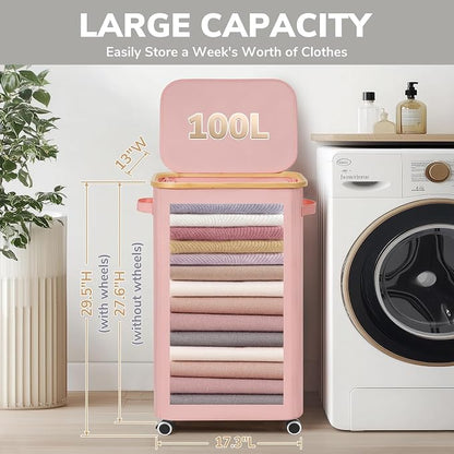 Goodpick Laundry Basket with Wheels, Collapsible Clothes Hampers with Removable Laundry Bag 100L Large Rolling Hamper with Lid for Bedroom, Bathroom, Pink