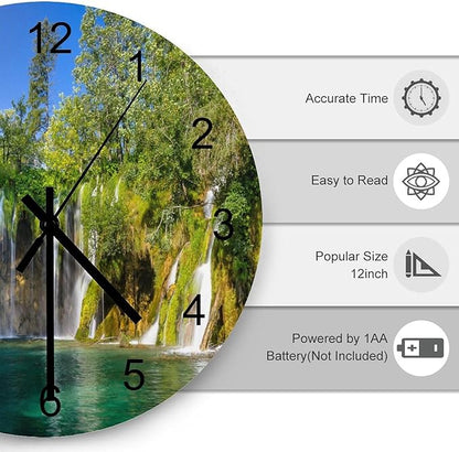Scenic Nature Wall Clock Silent Non Ticking Battery Operated, Natural Falls Landscape Forest Tree Waterfall Scenery Clock Decorative for Bathroom Kitchen Bedroom Living Room(12 Inch)