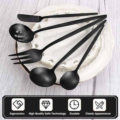 VANVRO Matte Black Serving Silverware Set, 5-Piece Round Shared Utensils Set of Stainless Steel, Hostess Flatware Serving Set, Satin Finish, Dishwasher Safe