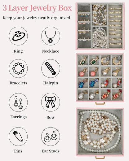 TORIBIO Jewelry Box for Women, Leather Jewelry Organizer with Mirror & Lock, 3-Tier Jewelry Storage Organizer with 2 Drawers for Girls/Women/Mothers, Necklace Earring Bracelets Holder Organizer