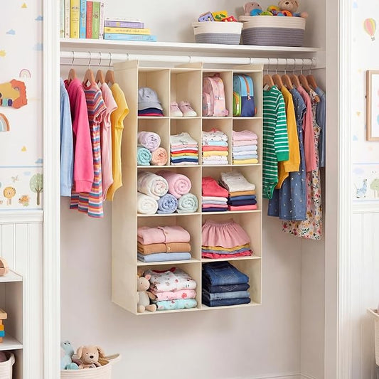 Ofiray-home 5 Tier Hanging Closet Organizer, 14 Compartments Sweater Organizer for Closet with 3 Sturdy Hooks, Closet Organizers and Storage, Wardrobe, Rv, Garment Rack, Beige