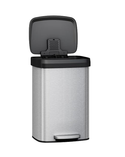 Garvee 13 gal / 50 L Stainless Steel Trash Can with Lid, Large Garbage Can for Kitchen, Rustproof Step-on Kitchen Metal Trash Bin with Liner Rim, Rear Handle, Soft Close Plastic Lid, Silver