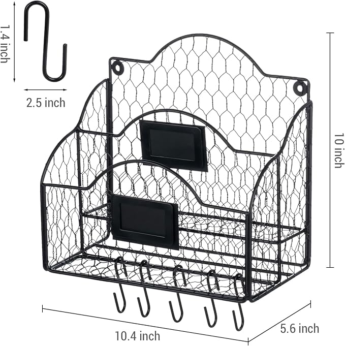 MyGift 2 Compartment Mail Inbox/Outbox Sorter, Wall Mounted Modern Black Metal Wire Entryway Organizer Basket for Mails, Bills and Office Supplies with Chalkboard Labels and 5 Hanging Key Hooks