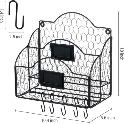 MyGift 2 Compartment Mail Inbox/Outbox Sorter, Wall Mounted Modern Black Metal Wire Entryway Organizer Basket for Mails, Bills and Office Supplies with Chalkboard Labels and 5 Hanging Key Hooks