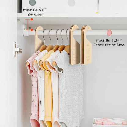 Baby Closet Dividers for Clothes Organizer - Set of 7 Adorable Wooden Double-Sided Baby Clothes Size Hanger Organizer from Newborn to 24 Months for Nursery Beautiful Decor