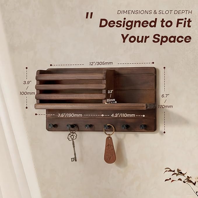 Rebee Vision Pine Wood Key Holder Wall Mount - Farmhouse Mail and Key Holder for Wall with Floating Shelf & 6 Hooks - Decorative Mail Organizer with Round Corner for Home Decor (Brown)