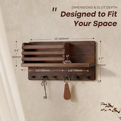 Rebee Vision Pine Wood Key Holder Wall Mount - Farmhouse Mail and Key Holder for Wall with Floating Shelf & 6 Hooks - Decorative Mail Organizer with Round Corner for Home Decor (Brown)