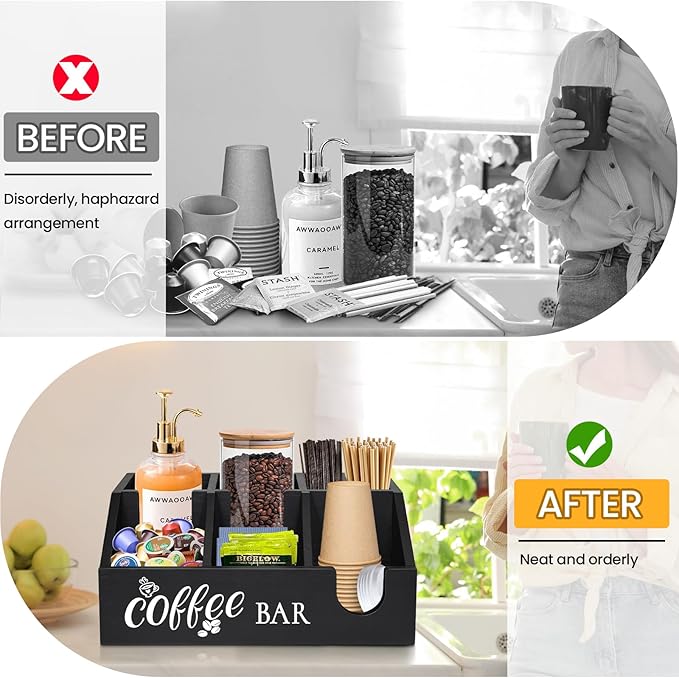 Coffee Station Organizer, Coffee Cup Holder for Counter, Wood Coffee Pod Holder Storage Basket, Tea Condiment Organizer for K Cup Sugar, Rustic Coffee Bar Decor for Coffee Accessories