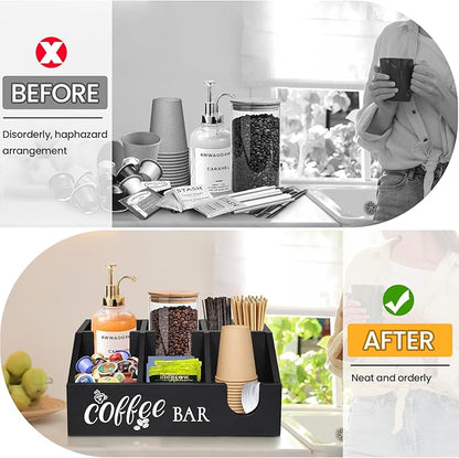 Coffee Station Organizer, Coffee Cup Holder for Counter, Wood Coffee Pod Holder Storage Basket, Tea Condiment Organizer for K Cup Sugar, Rustic Coffee Bar Decor for Coffee Accessories
