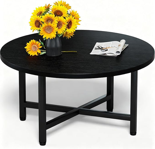 Coffee Table, 23.6" Small Coffee Tables, Black Round Coffee Tables for Living Room, Floor Table for Sitting on The Floor, Center Coffee Table with Metal Frame for Office Apartment Home