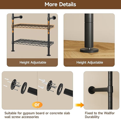 ONBRILL L4 Wall Mounted Industrial Pipe Clothing Rack, Closet Organizer System with 6 Hanging Clothes Rods ( 4 Expandable Rods) & 8 Shelves, Heavy Duty Corner Garment Rack, Large Wardrobe - Black