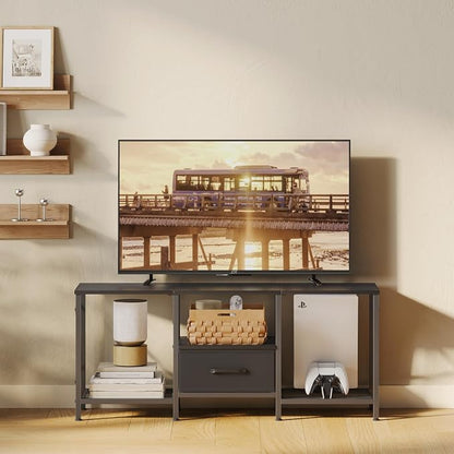 JARHETUN TV Stand with Fabric Drawer, Entertainment Center for 50 55 Inch TV, Industrial TV Console Table with Open Storage Shelves for Living Room, Bedroom, Black
