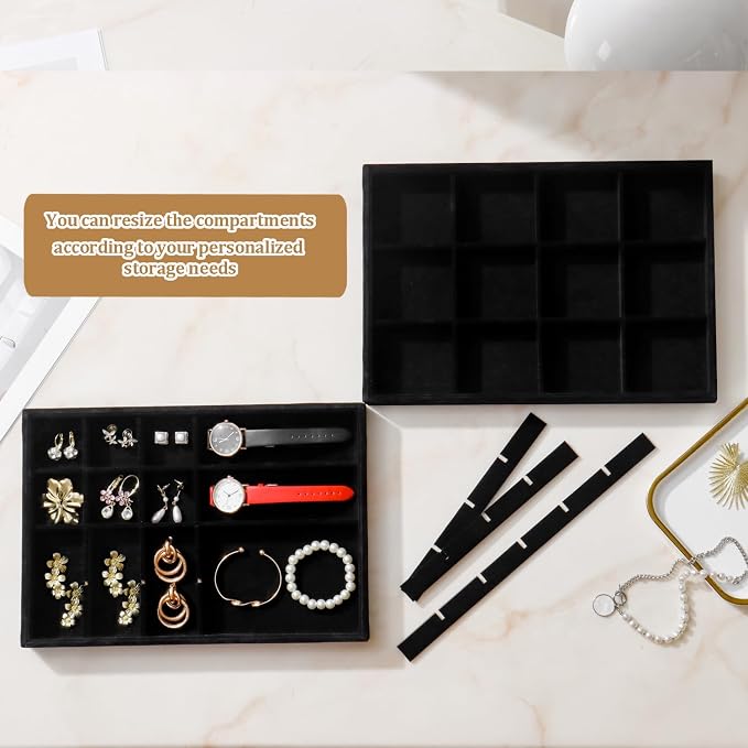 Large Velvet Jewelry Tray 2 Pack Stackable Jewelry Display Drawer Inserts Trays Organizer for Earring Bracelet Necklace Ring (Black, 12 Grids+24 Grids)