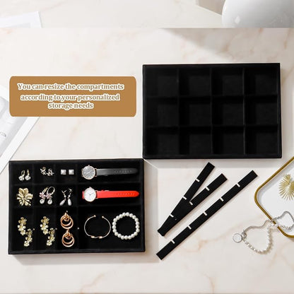 Large Velvet Jewelry Tray 2 Pack Stackable Jewelry Display Drawer Inserts Trays Organizer for Earring Bracelet Necklace Ring (Black, 12 Grids+24 Grids)