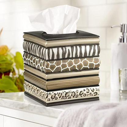 Resin Tissue Box Cover for Modern Home Decor - Minimalist Square Tissue Box Holder for Guest Room, Bedroom, Bathroom, Tabletop & Office - Durable and Aesthetic Tissue Holder, Safari Stripes