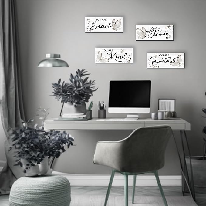 DONFENTHY 4 Pcs Butterfly Wall Decor Black Room Decor Wooden Positive Butterfly Decor with Inspirational Word Black White Grey for Women Room Bathroom Bedroom Office(Black,10x4 In)