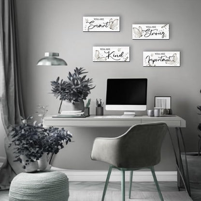 DONFENTHY 4 Pcs Butterfly Wall Decor Black Room Decor Wooden Positive Butterfly Decor with Inspirational Word Black White Grey for Women Room Bathroom Bedroom Office(Black,10x4 In)