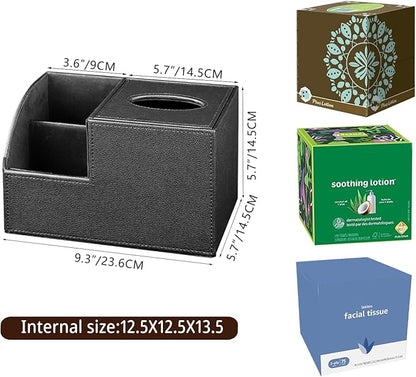 PU Leather Square Tissue Box Cover - Multi-Functional Tissue Box Holder, Tissue Box Cover with Storage,Tissue and Remote Control Holder, Cube Tissue Box Organizer Bedroom Nightstand End Table