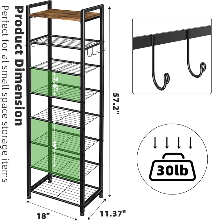 Simple Trending 8 Tiers Shoe Rack 16 Pairs Tall Wooden Plank Shoe Shelf with Hooks for Closet Entryway Organizer Sturdy Free Standing Shoe Storage Cabinet，Black
