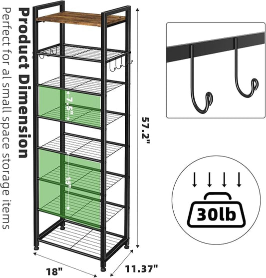 Simple Trending 8 Tiers Shoe Rack 16 Pairs Tall Wooden Plank Shoe Shelf with Hooks for Closet Entryway Organizer Sturdy Free Standing Shoe Storage Cabinet，Black