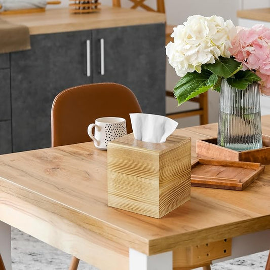 ALELION Tissue Box Cover Square - Wooden Tissue Box Holder for Tabletop Night Stands Bathroom Office - Decorative Brown Facial Cube Tissue Box Cover