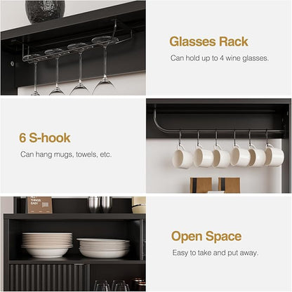 Fluted Buffet Cabinet with Storage, Modern Coffee Bar Cabinet with Outlet, Removable Wine Rack, Multi-Functional Accent Liquor Cabinet for Living Room, Entryway, Kitchen, Black