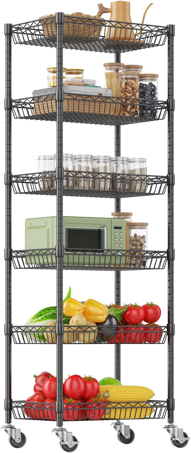 Himimi 6 Tier Rolling Storage Cart, Metal Wire Basket Rack with Wheels, Adjustable Storage Shelves Organizer Shelf for Kitchen Pantry Garage Laundry Room Bathroom, 17" W X 12" D X 63" H, Black